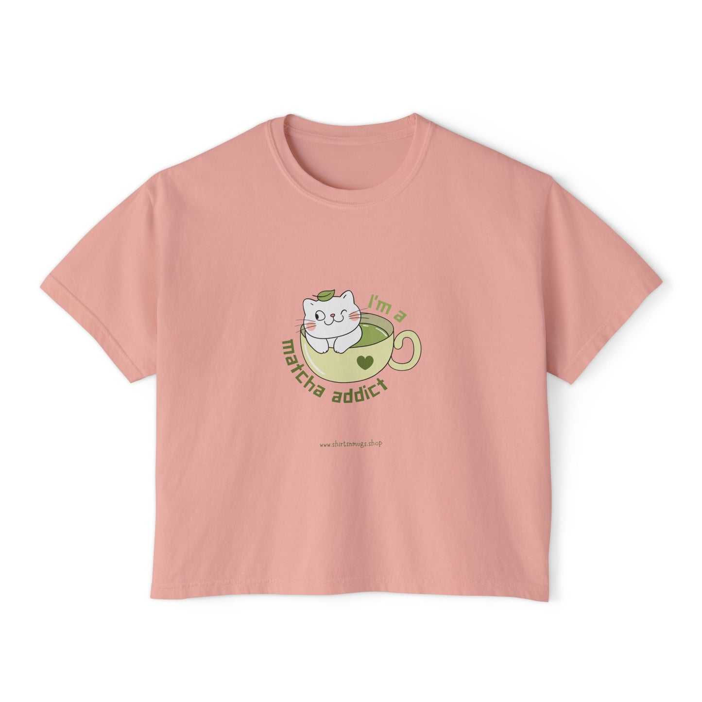 Matcha Addict Women's Boxy Tee, Cute Cat T-Shirt, Gift for Tea Lovers, Cozy Casual Outfit, Trendy Graphic Top