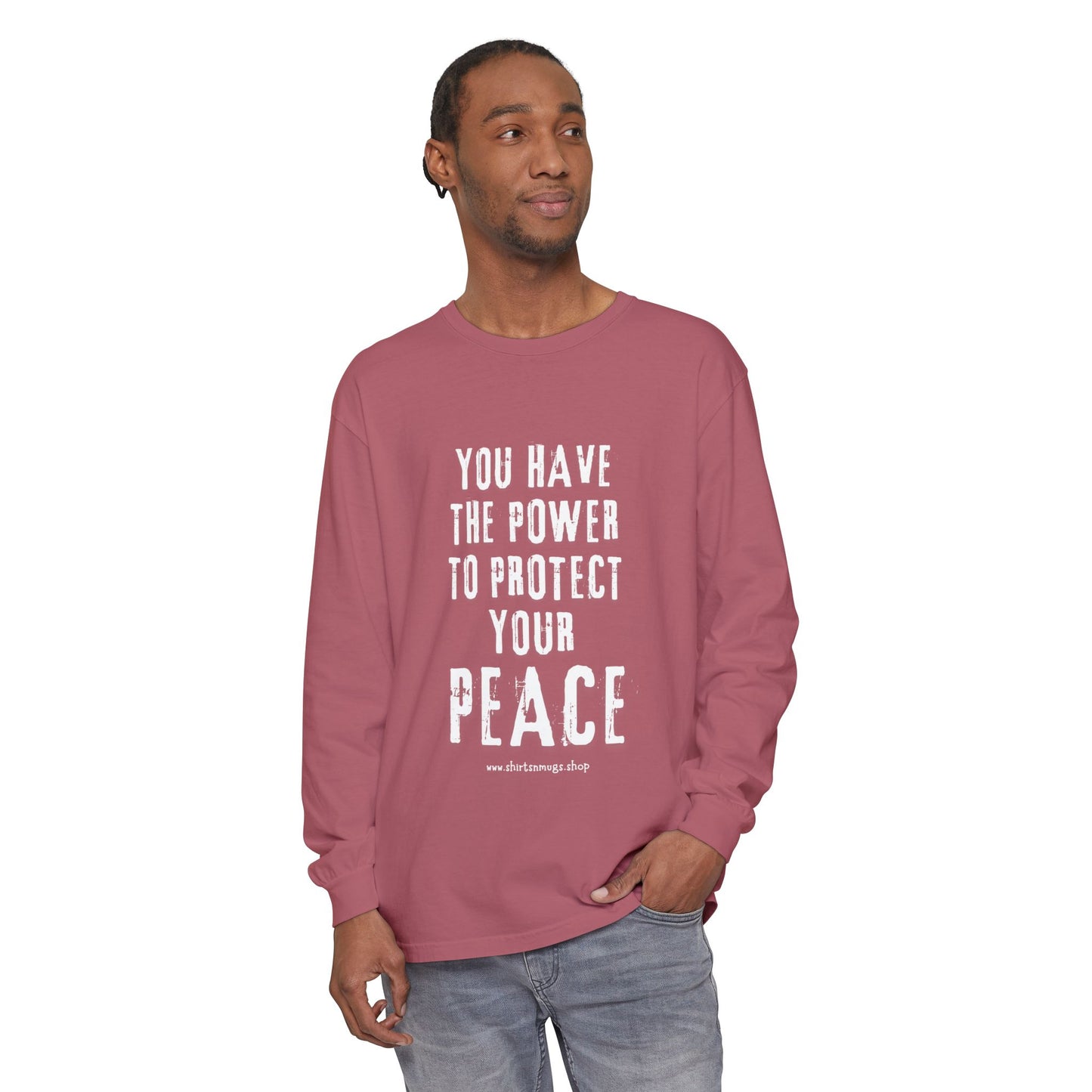 Peaceful Power Long Sleeve Tee, Men's Comfort Casual Wear, Mindfulness Gift, Positive Message Shirt, Everyday Wear