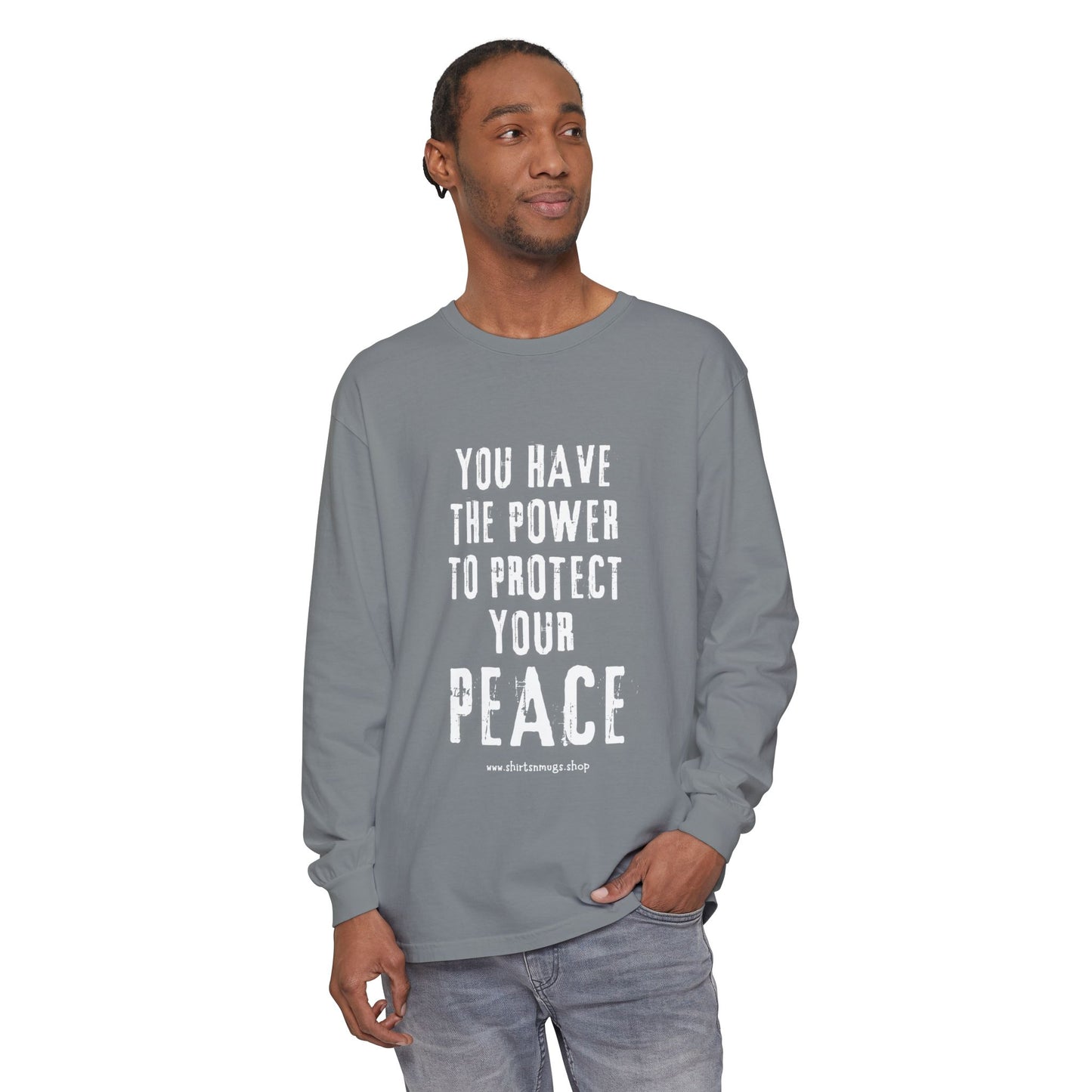 Peaceful Power Long Sleeve Tee, Men's Comfort Casual Wear, Mindfulness Gift, Positive Message Shirt, Everyday Wear
