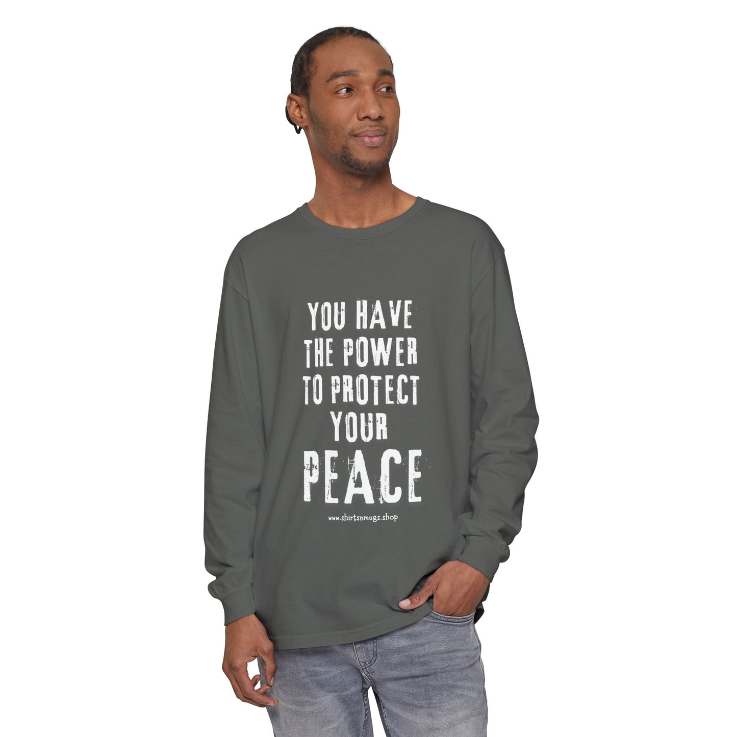 Peaceful Power Long Sleeve Tee, Men's Comfort Casual Wear, Mindfulness Gift, Positive Message Shirt, Everyday Wear