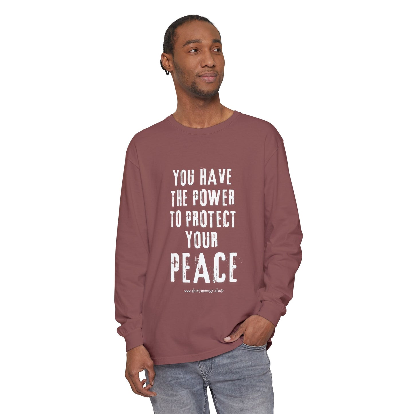 Peaceful Power Long Sleeve Tee, Men's Comfort Casual Wear, Mindfulness Gift, Positive Message Shirt, Everyday Wear