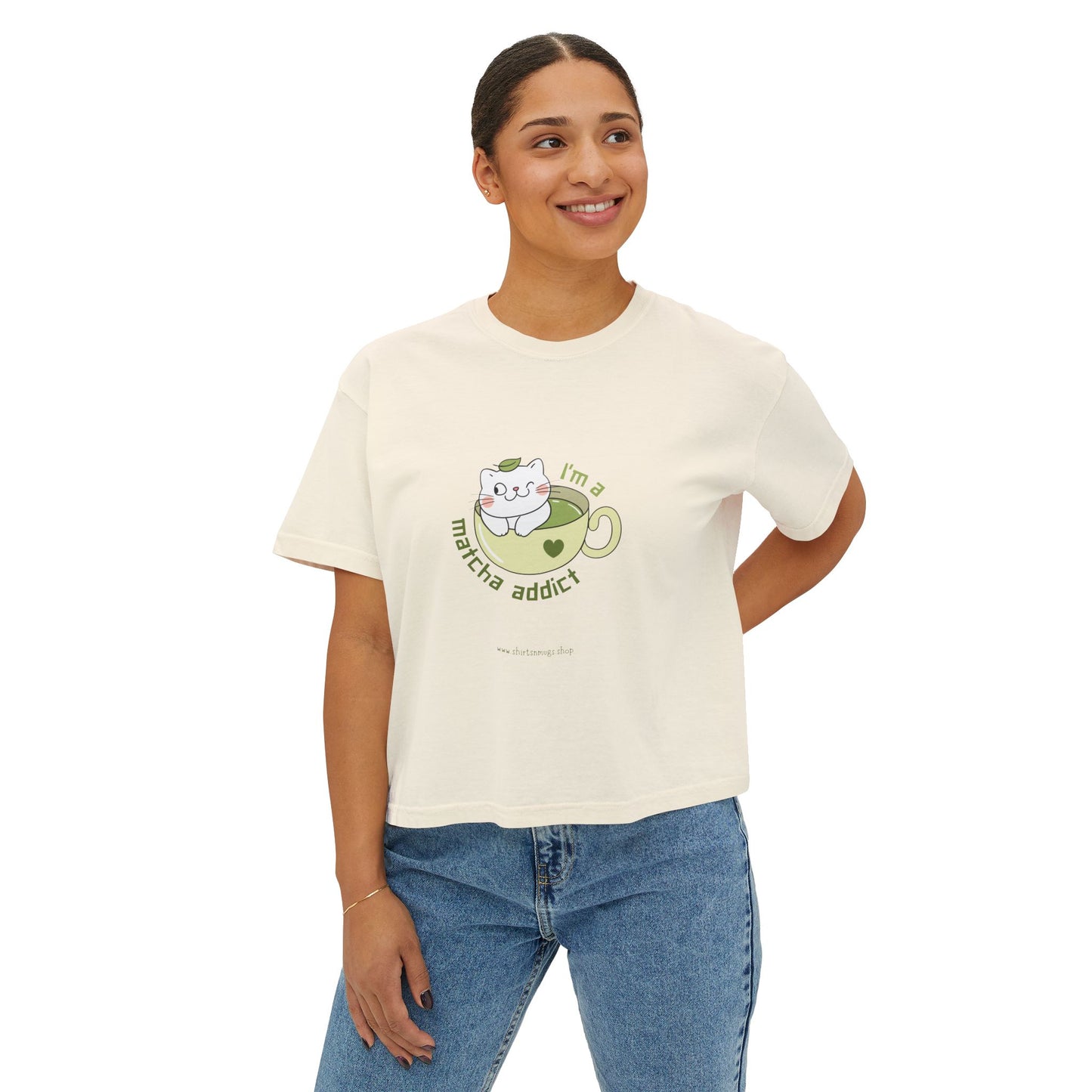 Matcha Addict Women's Boxy Tee, Cute Cat T-Shirt, Gift for Tea Lovers, Cozy Casual Outfit, Trendy Graphic Top
