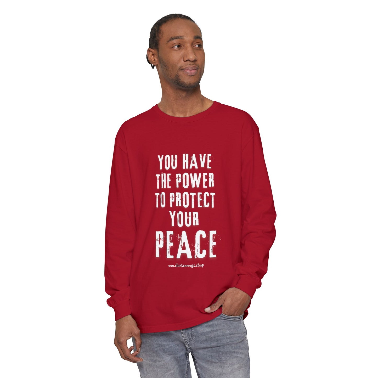 Peaceful Power Long Sleeve Tee, Men's Comfort Casual Wear, Mindfulness Gift, Positive Message Shirt, Everyday Wear