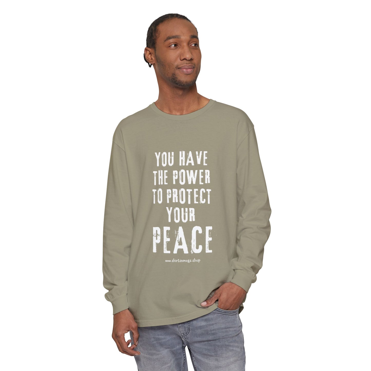 Peaceful Power Long Sleeve Tee, Men's Comfort Casual Wear, Mindfulness Gift, Positive Message Shirt, Everyday Wear