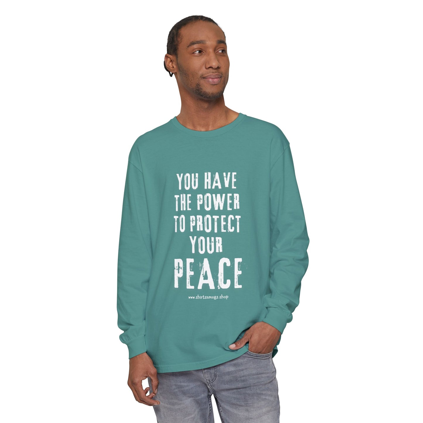 Peaceful Power Long Sleeve Tee, Men's Comfort Casual Wear, Mindfulness Gift, Positive Message Shirt, Everyday Wear