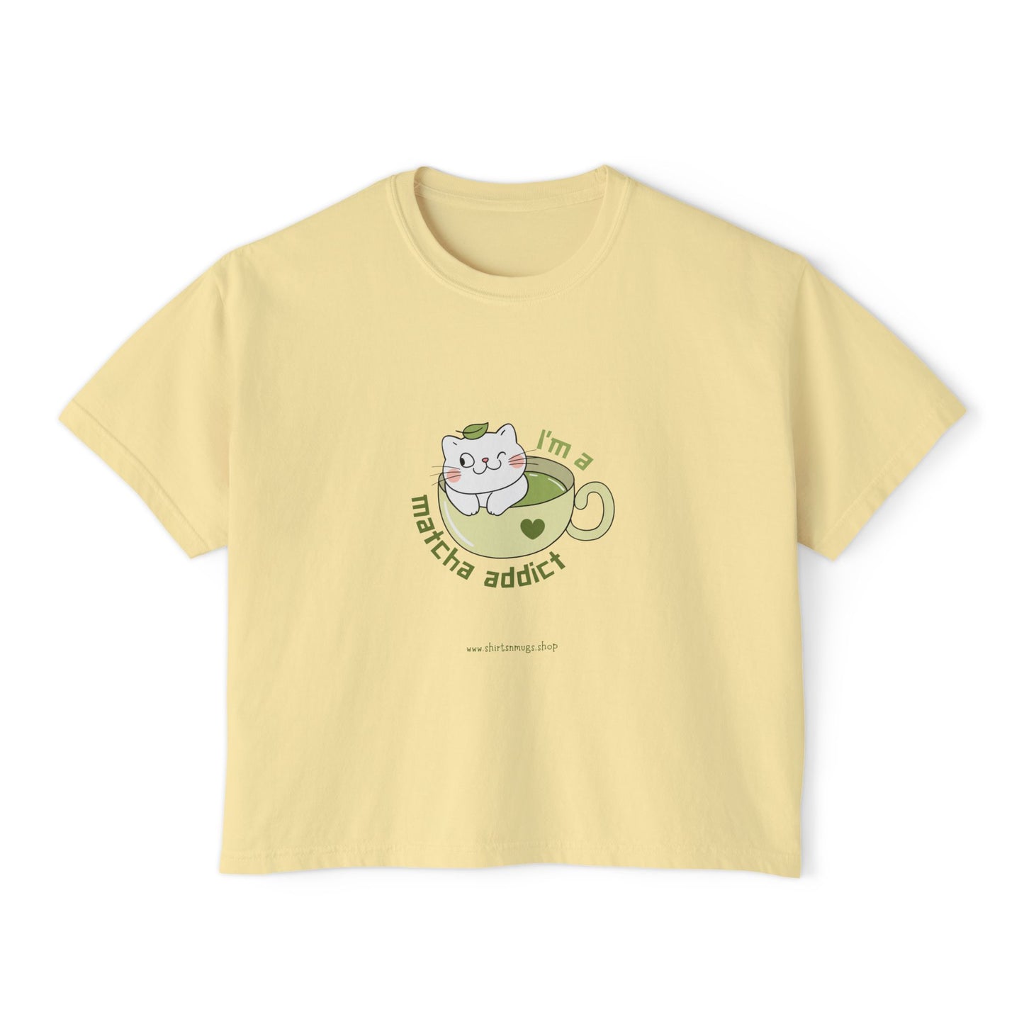 Matcha Addict Women's Boxy Tee, Cute Cat T-Shirt, Gift for Tea Lovers, Cozy Casual Outfit, Trendy Graphic Top