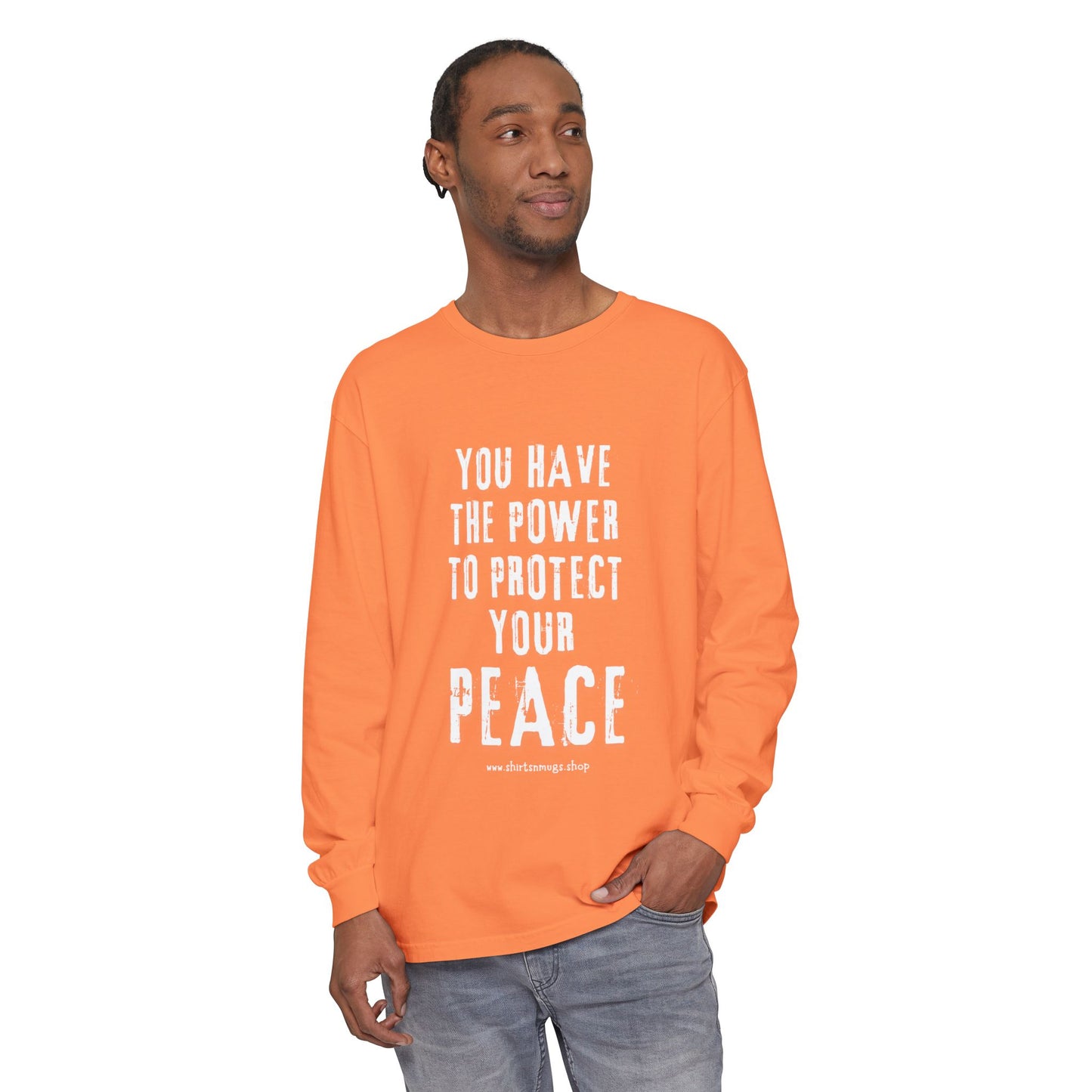 Peaceful Power Long Sleeve Tee, Men's Comfort Casual Wear, Mindfulness Gift, Positive Message Shirt, Everyday Wear