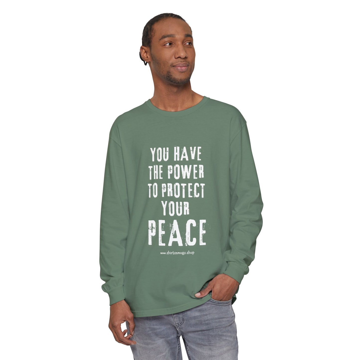 Peaceful Power Long Sleeve Tee, Men's Comfort Casual Wear, Mindfulness Gift, Positive Message Shirt, Everyday Wear