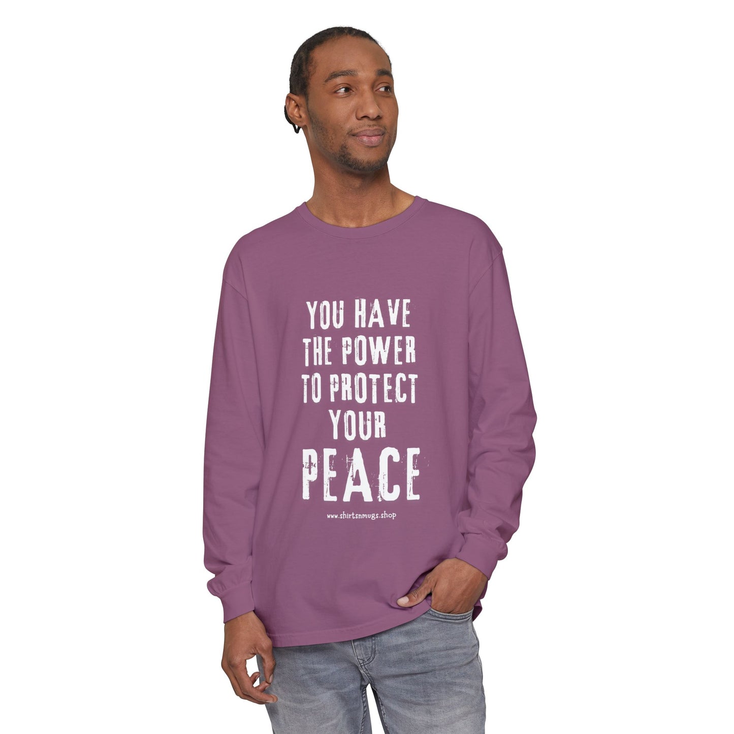 Peaceful Power Long Sleeve Tee, Men's Comfort Casual Wear, Mindfulness Gift, Positive Message Shirt, Everyday Wear