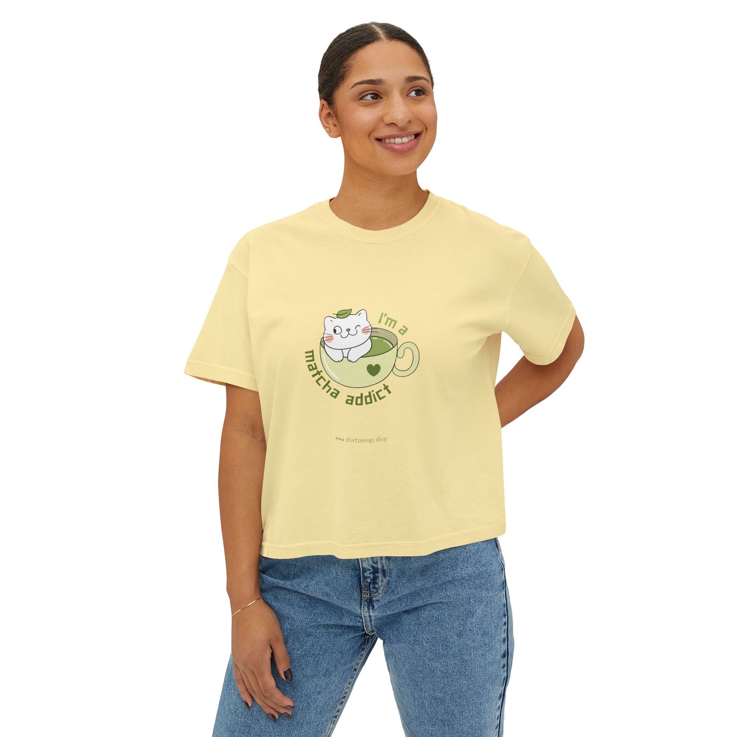 Matcha Addict Women's Boxy Tee, Cute Cat T-Shirt, Gift for Tea Lovers, Cozy Casual Outfit, Trendy Graphic Top