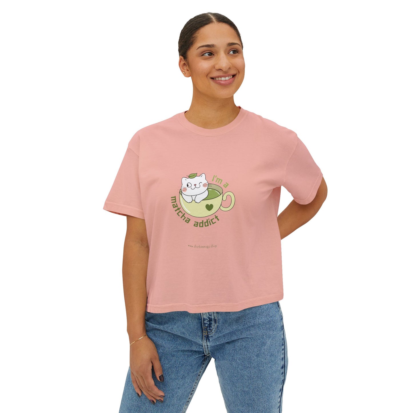 Matcha Addict Women's Boxy Tee, Cute Cat T-Shirt, Gift for Tea Lovers, Cozy Casual Outfit, Trendy Graphic Top