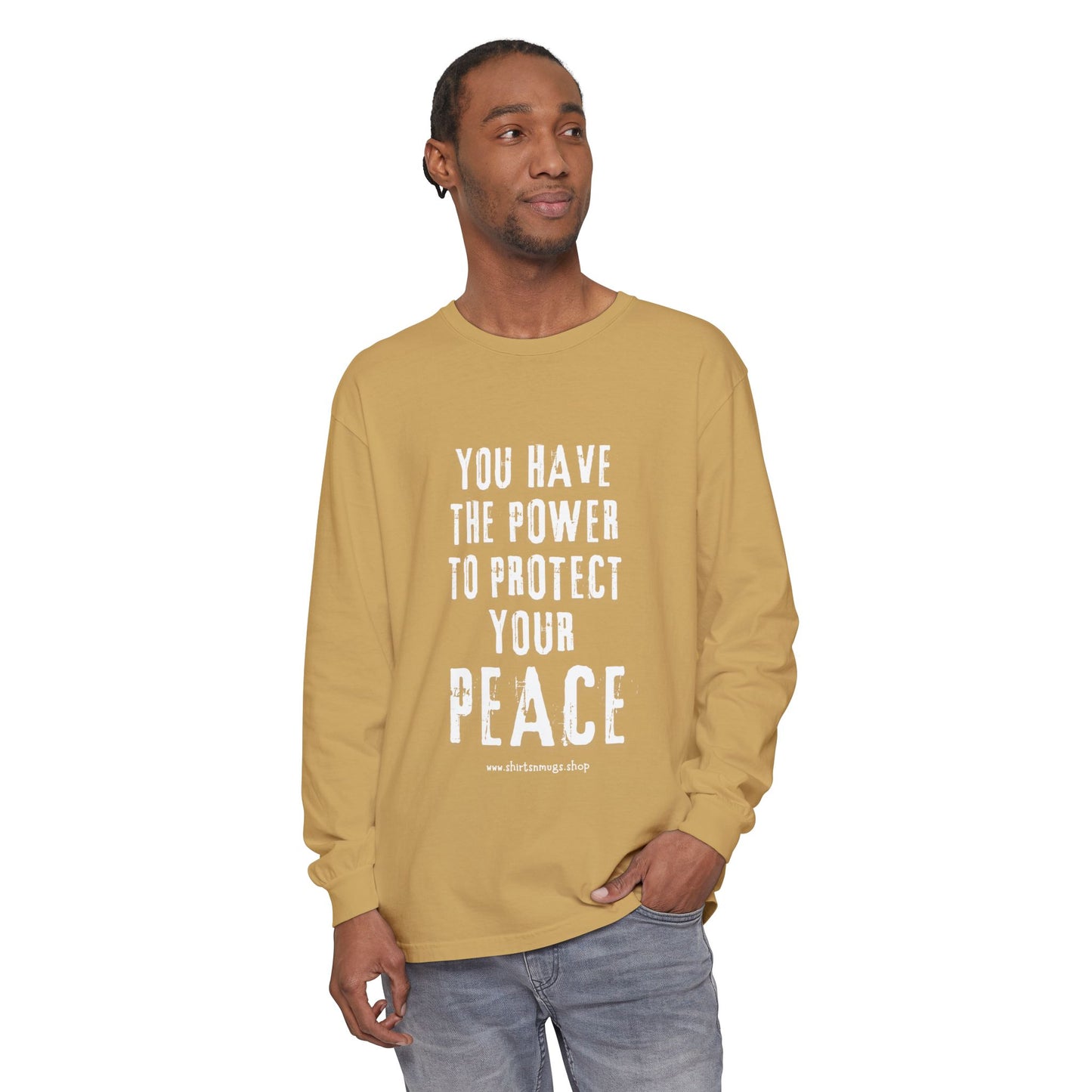 Peaceful Power Long Sleeve Tee, Men's Comfort Casual Wear, Mindfulness Gift, Positive Message Shirt, Everyday Wear