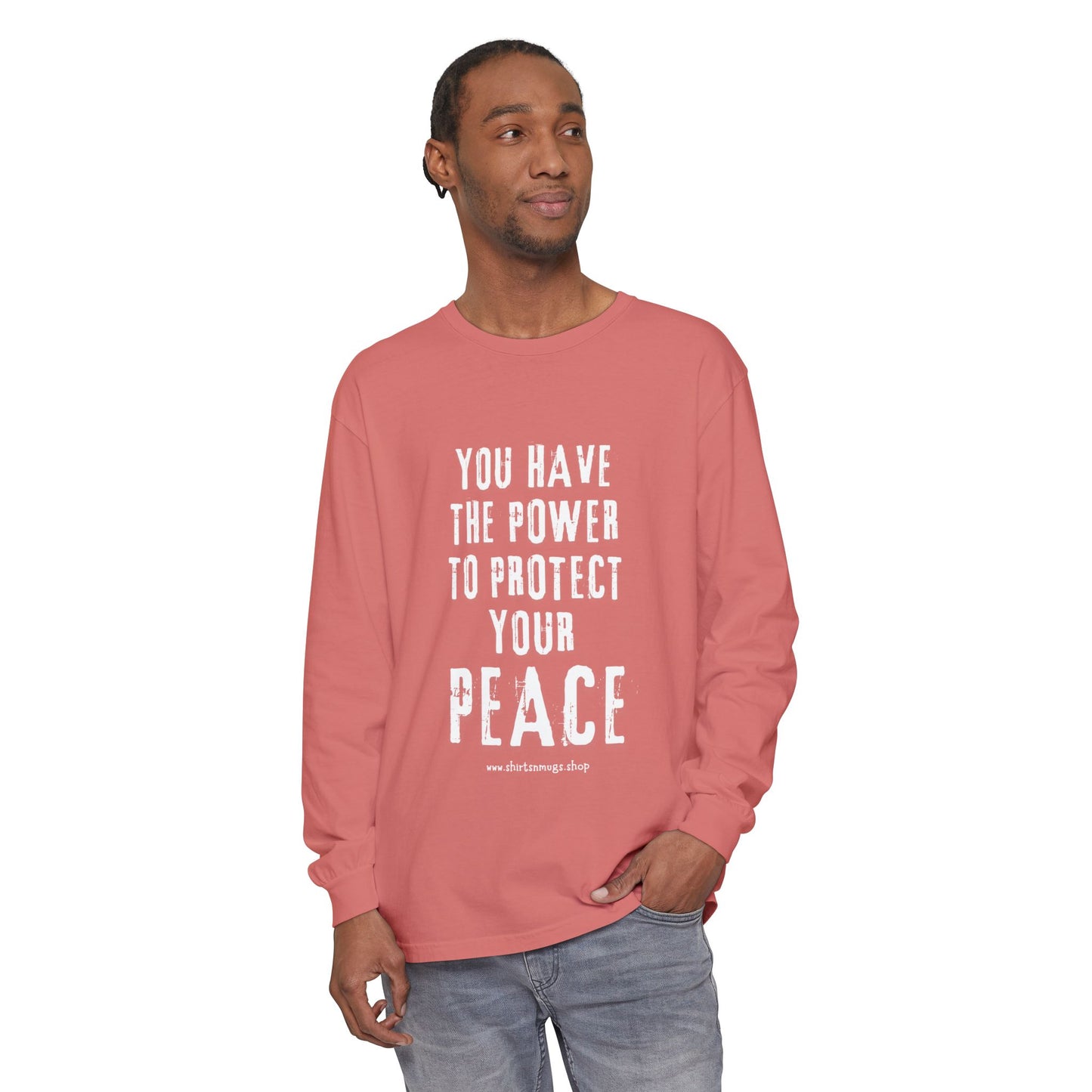 Peaceful Power Long Sleeve Tee, Men's Comfort Casual Wear, Mindfulness Gift, Positive Message Shirt, Everyday Wear