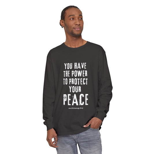 Peaceful Power Long Sleeve Tee, Men's Comfort Casual Wear, Mindfulness Gift, Positive Message Shirt, Everyday Wear