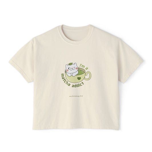 Matcha Addict Women's Boxy Tee, Cute Cat T-Shirt, Gift for Tea Lovers, Cozy Casual Outfit, Trendy Graphic Top